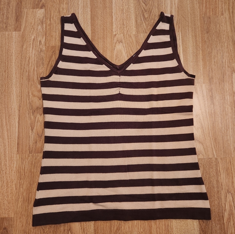 GAP Stretch V-Neck Knit Striped Sleeveless Sweater Vest Top Brown Beige Small